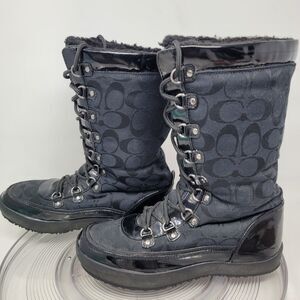 Coach Peggey Boots Womens 7.5 Signature Black Peggy Lace Up Mid-Calf Winter Snow